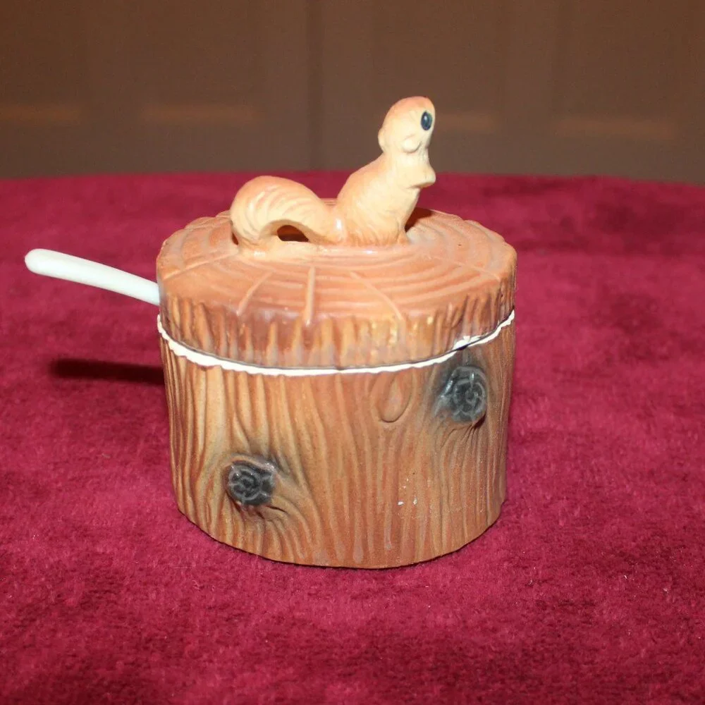 Vintage Ceramic Squirrel on Log, Jam Jar with Spoon